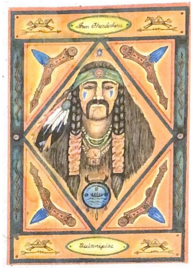 Image ID: self-portrait, using colored pencils, of Iron Thunderhorse in the 1980’s as a 40 year old man with long, partially braided, dark brown hair, looking directly forward. Iron is wearing a green headband with a red emblem in the middle on his forehead. Blue emeralds, each pointing to a corner of the portrait, are located in the four corners of the portrait. A golden oval at the top of the portrait states “Iron Thunderhorse,” while a golden oval at the bottom of the portrait states “Quinnipiac.” Each golden oval is surrounded by two horses with an arrow beneath each horse.