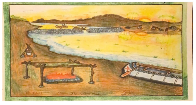 Image ID: a landscape painting of the Long Island Sound, circa 1500-1650, using water colors. In the front of the picture, there is a fire with orange-red flames on the left side and a white boat with a paddle on the right side. There is a body of water that appears like a river in the background and a person in a paddle boat on the water. The sun appears to be setting behind a mountain in the back of the landscape picture.