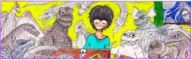 Image ID: The Second Illustration contains no logo, text, or dialogue. It is a wide panoramic view of a living room featuring a skinny young boy with bushy dark hair excitedly sitting too close to a television, he has a wide toothy exuberant smile. Surrounding him in the room are ghostly images of giant movie monsters, products of his overactive imagination as he watches a movie. The most recognizable monsters are Godzilla, nearby to his side, and Godzilla's silly child, close to his other side. Eleven more monsters lurk around these four. Godzilla and the others are all scaly Japanese movie monsters specifically from Japan's 1960s era of fantasy films, suggesting the scene is set in the early Seventies. There is also a certain unsettling difference between the bright vibrant boy and the grey faded monsters, as well as the expressions, which seemingly demonstrates the apparent contrast between youthful innocence and worldly monstrousness.