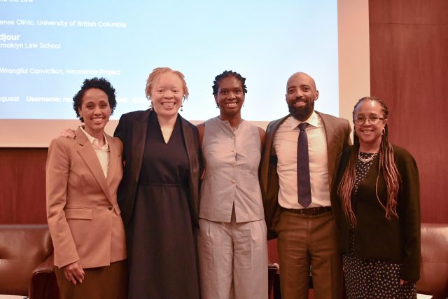Moderator and Professor Vincent Southerland poses with panelists Professor Alexis Hoag-Fordjour, Professor Ngozi Ndulue, Ashley Burrell, and Christina Swarns.
