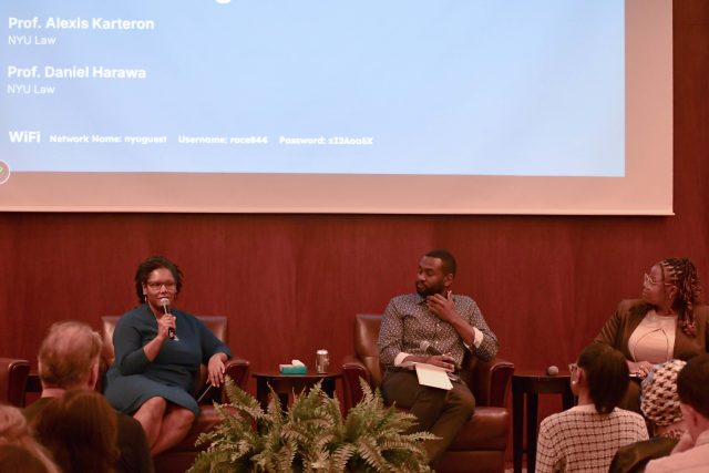 Moderator Kelis Johnson in conversation with panelists and professors Alexis Karterton and Daniel Harawa for the session entitled "A Conversation on the Importance of Scholarship in Social Change."