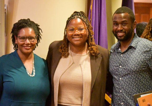 Moderator Kelis Johnson poses with panelists and Professors Alexis Karterton and Daniel Harawa.