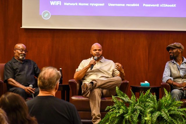Panelists Marvin Anderson, Kevin Richardson, and Huwe Burton in conversation for the session entitled "Stories of Freedom."
