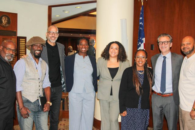 Panelists and speakers Huwe Burton, Walter Katz, Ashley Burrell, Patrice Sutton, Christina Swarns, M. Chris Fabricant, and Kevin Richardson posing as a group before the event.